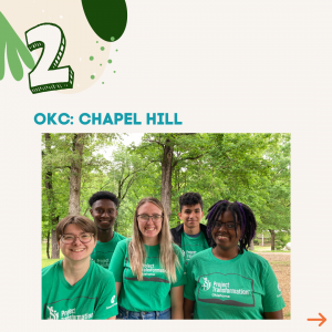 Five AmeriCorps Summer Members stand in front of a campsite. These five people will be serving at OKC: Chapel Hill UMC.